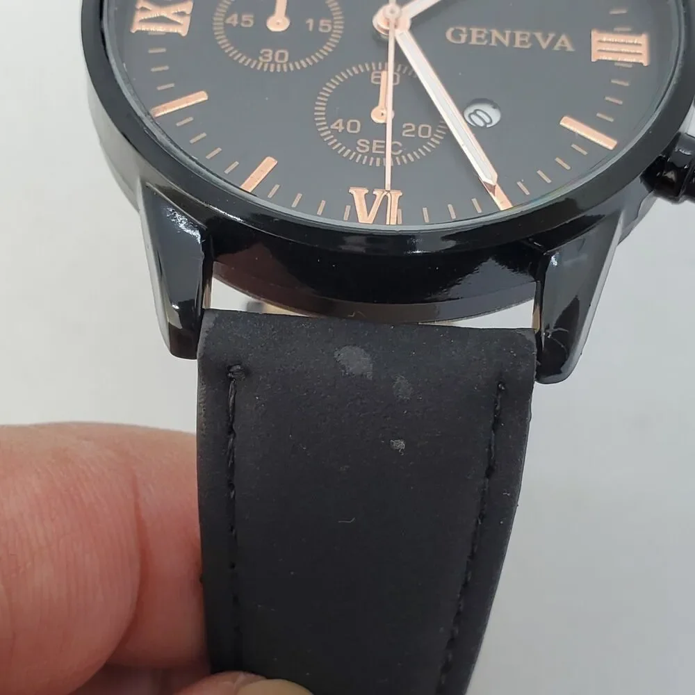 Men's Watch 42MM Black Dial Case Date Black Leather‎ Bands Analog Watch